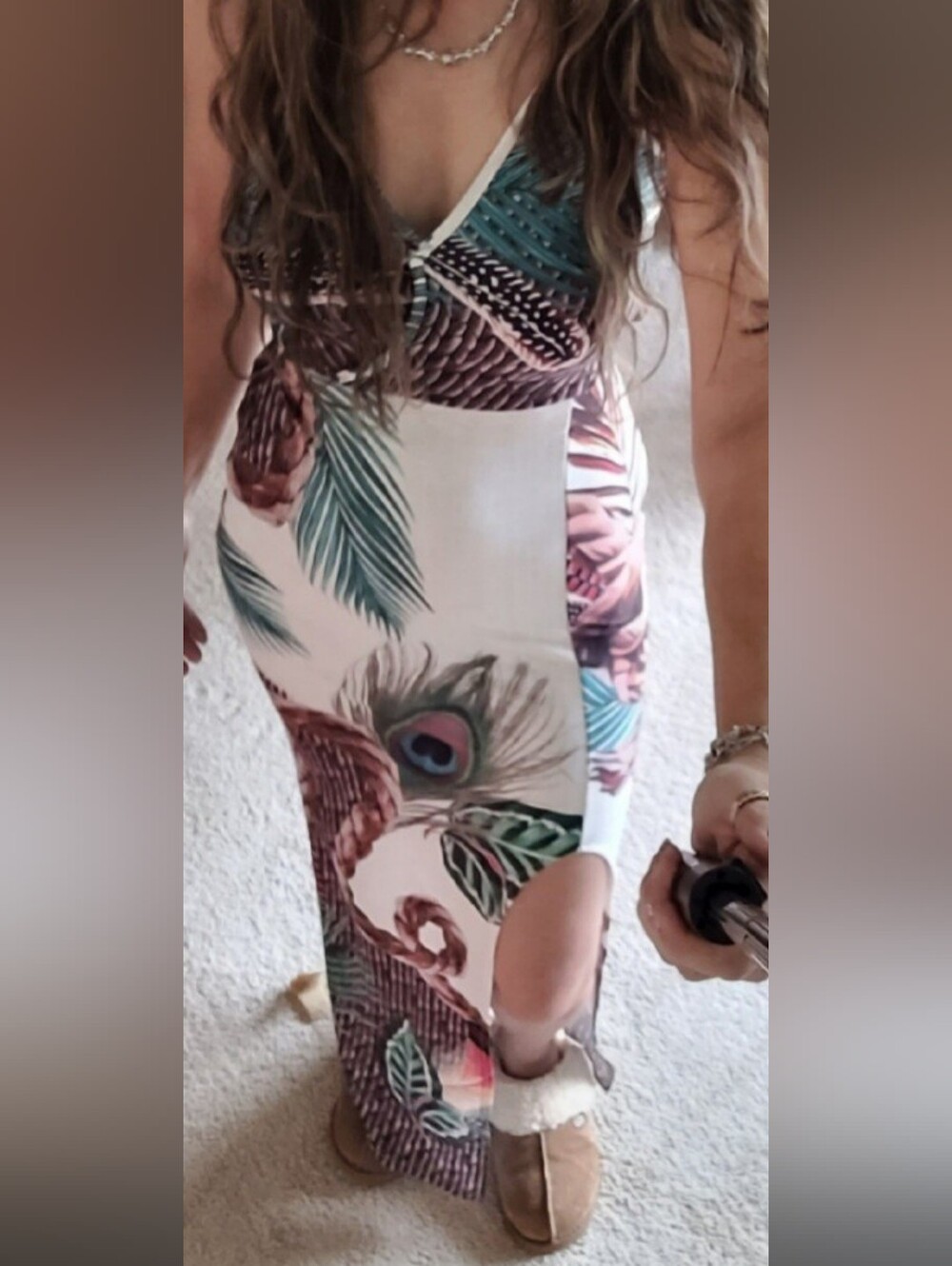 Tropical Cutout Maxi Dress in Cream and Brown